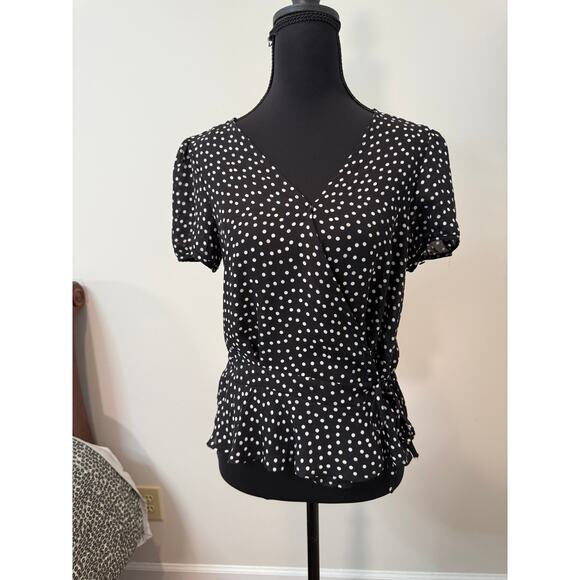 Tamara H. black polka dot wrap top with peplum hem - Picture 1 of 3